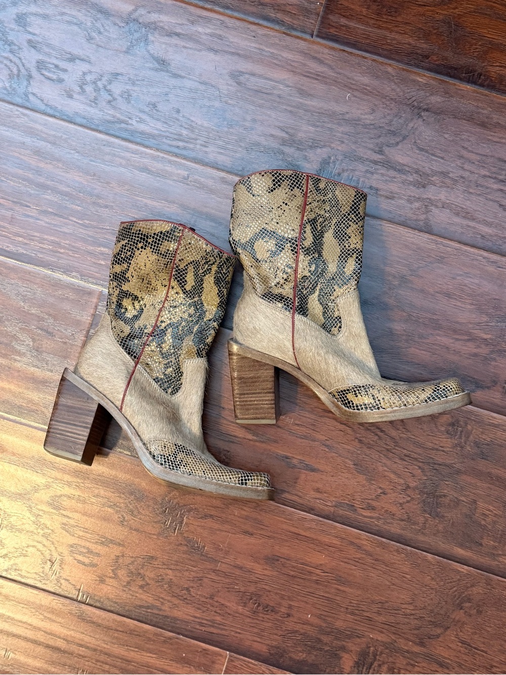 MIA Tan and Black Cowhide Snake-Print Block Heel Western Boots